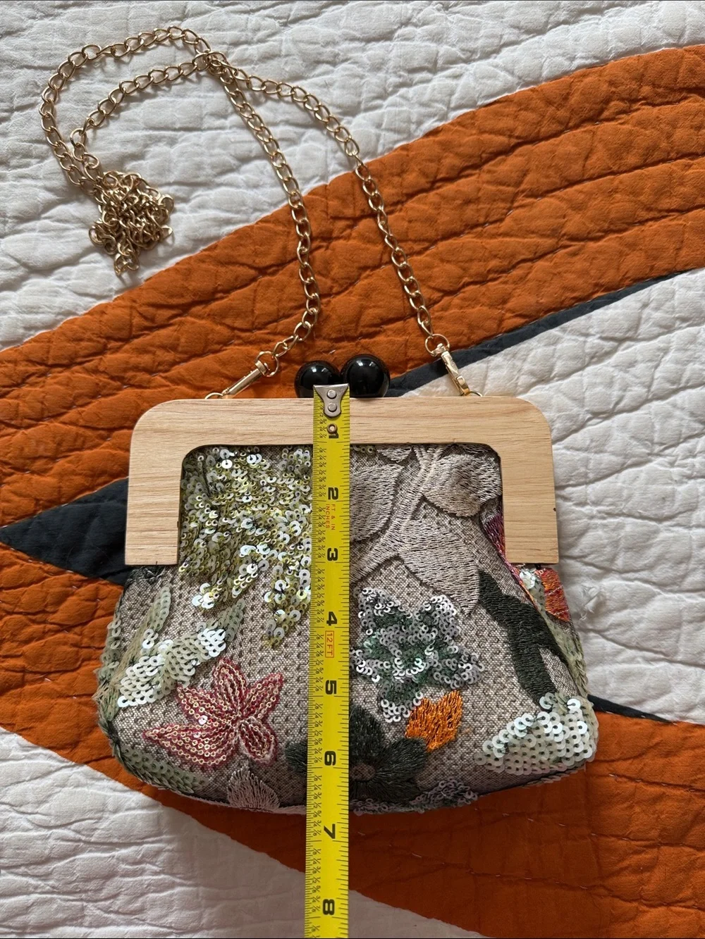 Embroidered Floral Sequin Crossbody Bag with Wood Frame - Multicolor